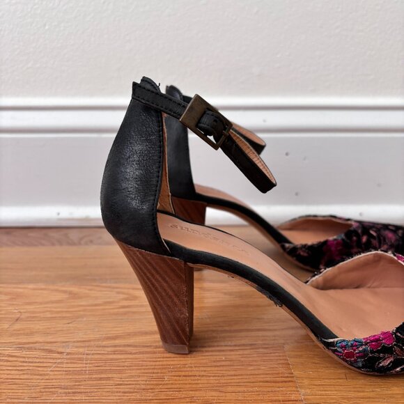 Sundance Lilia Black Floral Embroidered Ankle Strap Heels - Picture 5 of 12